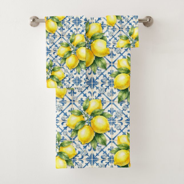 Luxury Amalfi Lemons Diamonds Mediterranean Bath Towel Set (Insitu)