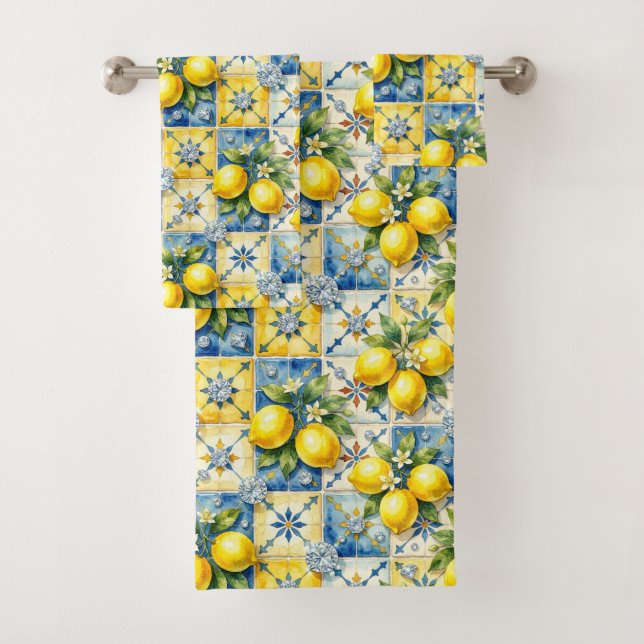 Luxury Amalfi Lemons Diamonds Mediterranean Bath Towel Set (Insitu)