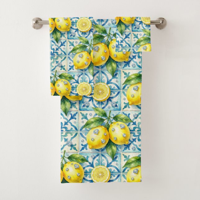Luxury Amalfi Lemons Diamonds Mediterranean Bath Towel Set (Insitu)