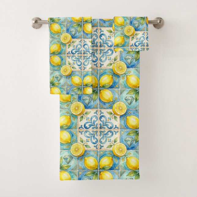 Luxury Amalfi Lemons Diamonds Mediterranean Bath Towel Set (Insitu)