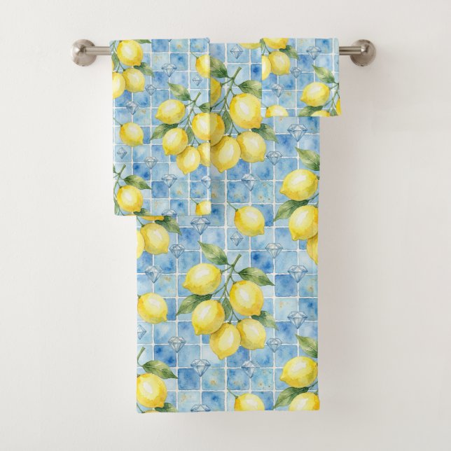 Luxury Amalfi Lemons Diamonds Mediterranean Bath Towel Set (Insitu)