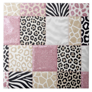 Luxury Animal Print Pink Faux Glitter Ceramic Tile