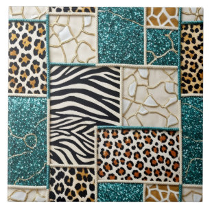 Luxury Animal Print Teal Faux Glitter Ceramic Tile