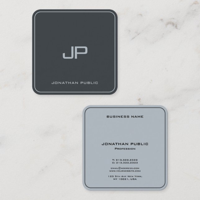 Luxury Anthracite Grey Elegant Silver Monogram Square Business Card (Front/Back)