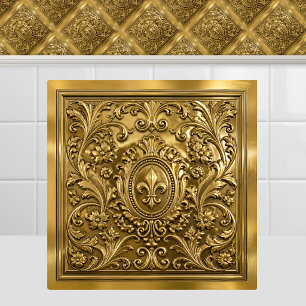 Luxury Antique Gold French Fleur de Lys Regency Ceramic Tile