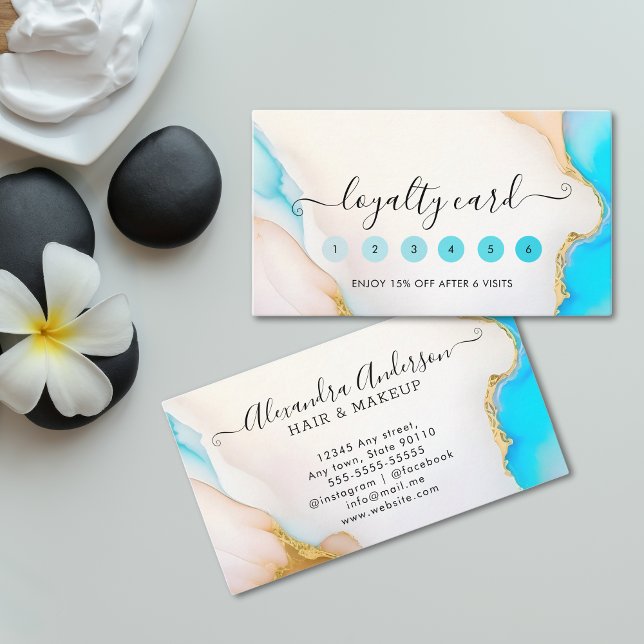 Luxury Aqua and Gold Marble Holographic Salon Loyalty Card (Luxury Aqua and Gold Marble Holographic Salon Loyalty Card)