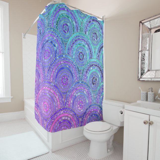 Luxury Aqua and Purple Glitter Dots and Circles Shower Curtain (In Situ)