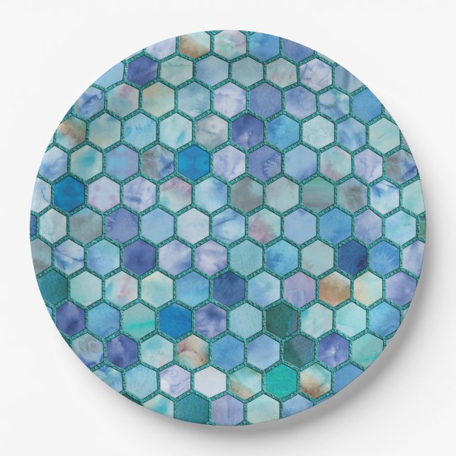 Luxury Aqua blue honeycomb pattern Paper Plates (Front)