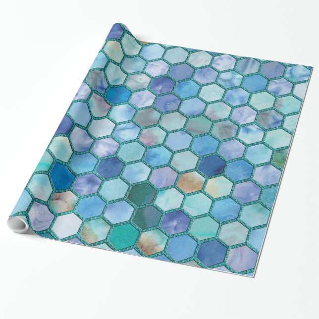 Luxury Aqua blue honeycomb pattern Wrapping Paper (Unrolled)