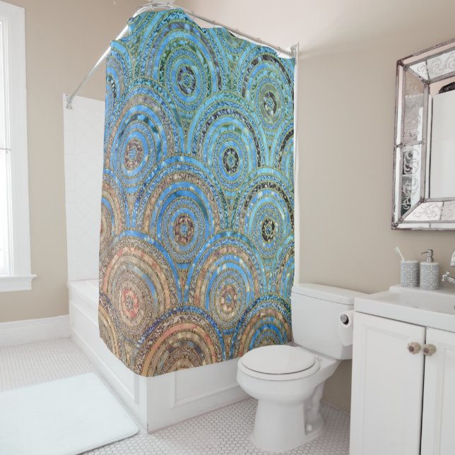 Luxury Aqua Cream Metal Foil Glitter Dots Circles Shower Curtain (In Situ)