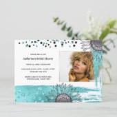 Luxury aqua gray confetti glitter sunflower party invitation (Standing Front)