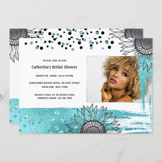 Luxury aqua gray confetti glitter sunflower party invitation (Front/Back)