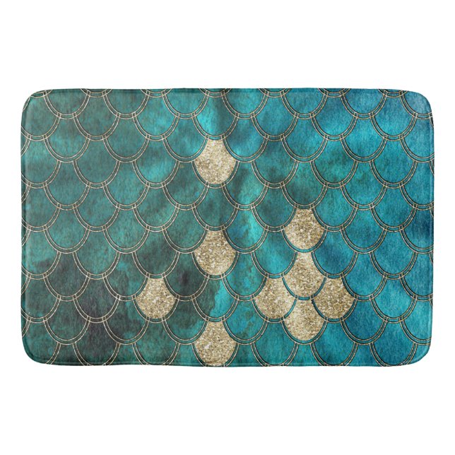 Luxury Aqua Green Mermaid Scales with Gold Glitter Bathroom Mat (Front)