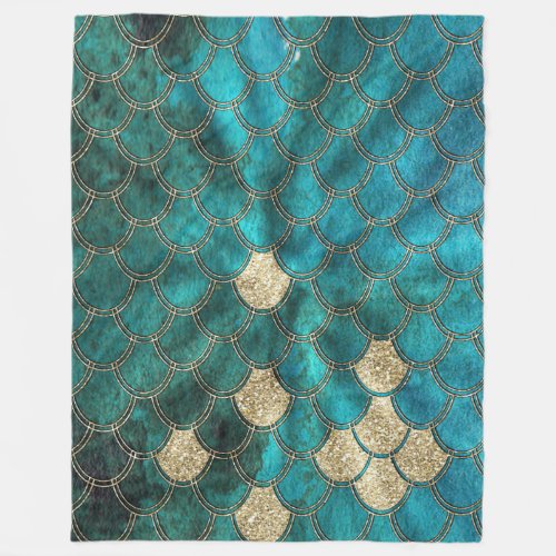 Luxury Aqua Green Mermaid Scales with Gold Glitter Fleece Blanket