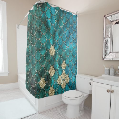 Luxury Aqua Green Mermaid Scales with Gold Glitter Shower Curtain