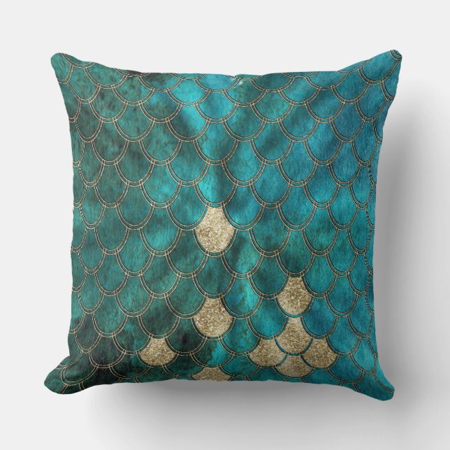 Luxury Aqua Green Mermaid Scales with Gold Glitter Throw Pillow (Front)