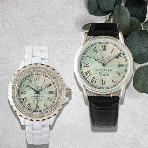 Luxury Aqua Marbled Men's Black Leather Strap Watch