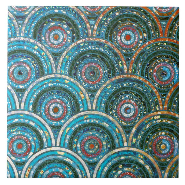 Luxury Aqua Teal Metal Foil Glitter Dots Circles Ceramic Tile (Front)