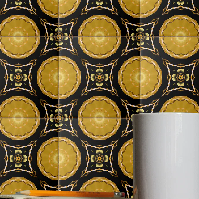 Luxury Arabesque Ethnic Mosaic Gold and Black Ceramic Tile | Zazzle