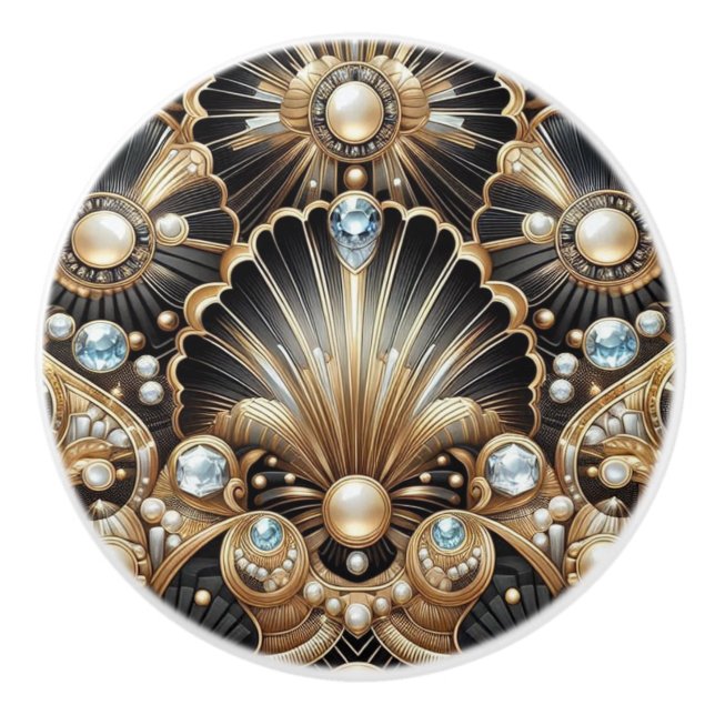 Luxury Art Deco Black & Gold Faux Diamond Ceramic  Knob (Front)
