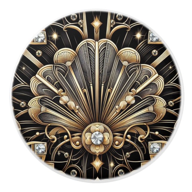 Luxury Art Deco Black & Gold Faux Diamond Ceramic  Knob (Front)