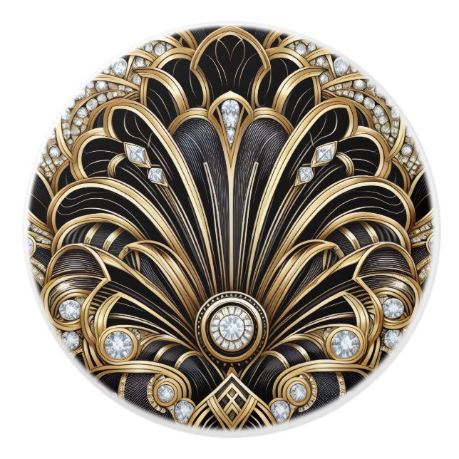 Luxury Art Deco Black & Gold Faux Diamond Ceramic  Knob (Front)
