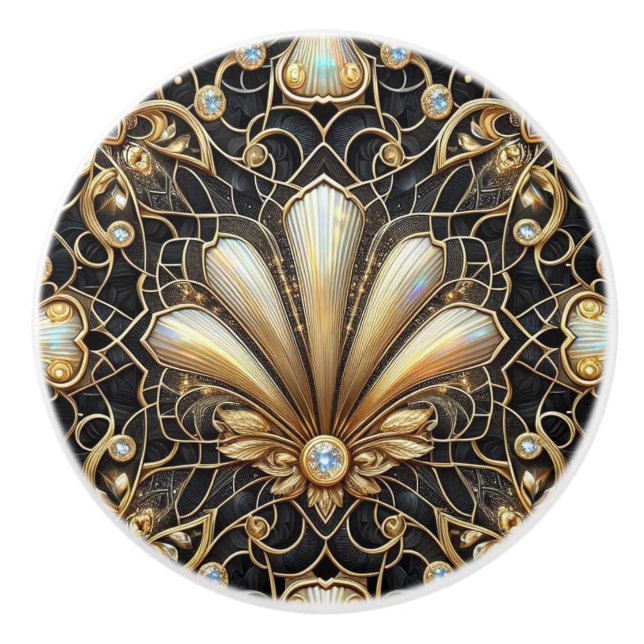 Luxury Art Deco Black & Gold Faux Diamond Ceramic  Knob (Front)