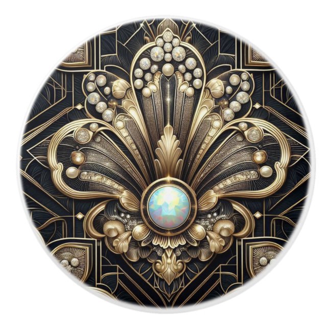 Luxury Art Deco Black & Gold Faux Diamond Ceramic  Knob (Front)