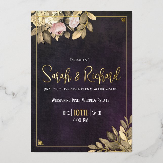Luxury Art Deco Black Velvet Botanical Wedding Foil Invitation (Front)
