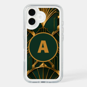 Luxury Art Deco Emerald Green Gold Monogram iPhone 16 Case
