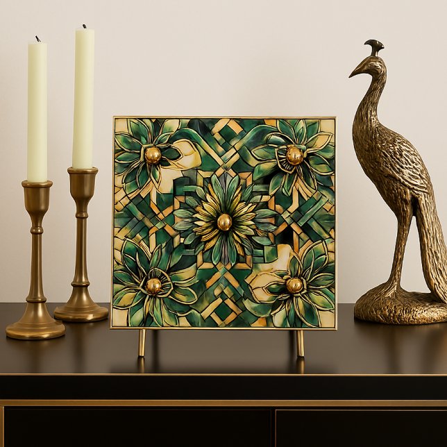 Luxury Art Deco Green and Gold Backsplash  Ceramic Tile (AI-generated mockup by Susang6 using custom prompts and styling.”)