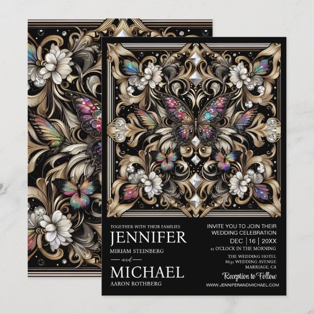 Luxury Art Deco Rainbow Butterfly Wedding  Invitation (Front/Back)