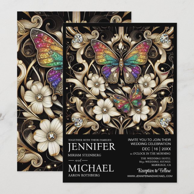 Luxury Art Deco Rainbow Butterfly Wedding  Invitation (Front/Back)