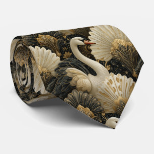 Luxury Art Deco Swan and Gold Filigree Pattern Neck Tie