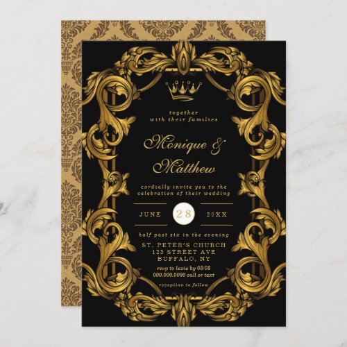 Luxury Art Nouveau Black Gold Royal Wedding Invita Invitation