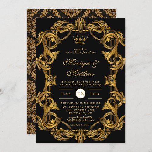 Luxury Art Nouveau Black Gold Royal Wedding Invitation