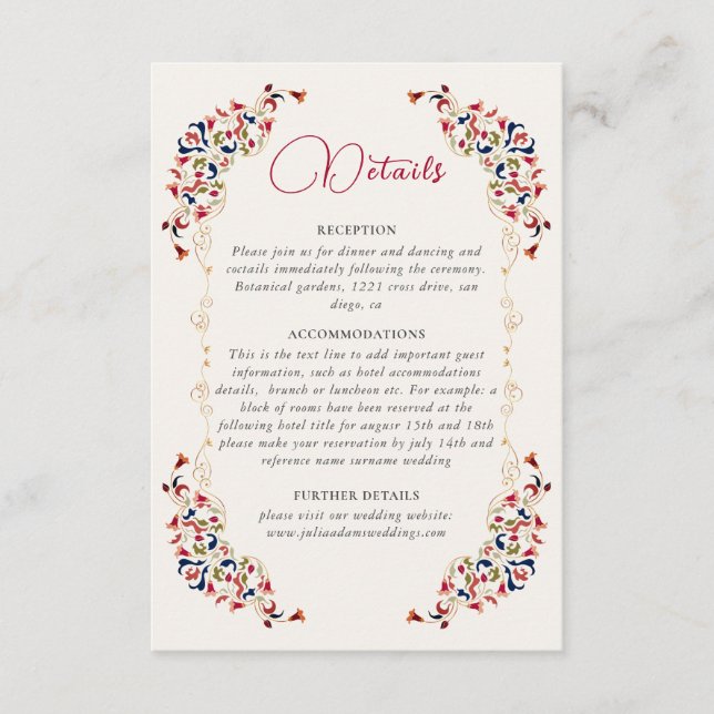 Luxury Artistic Botanical Floral Paisley Wedding Enclosure Card (Front)