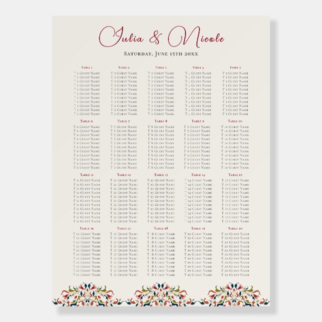 Luxury Artistic Botanical Floral Paisley Wedding Foam Board (Front)