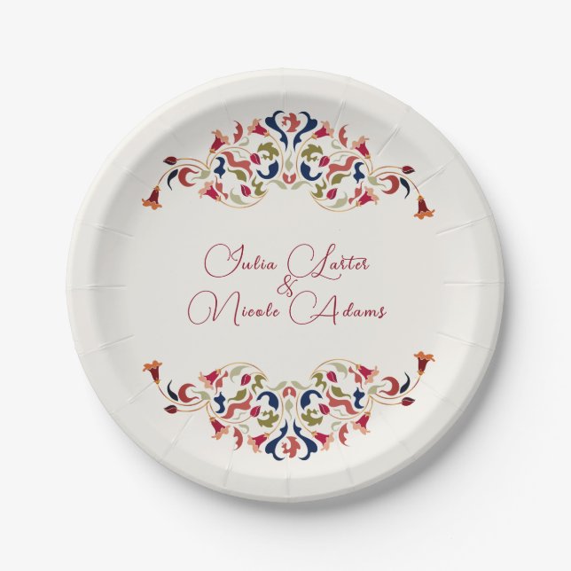 Luxury Artistic Botanical Floral Paisley Wedding Paper Plates (Front)