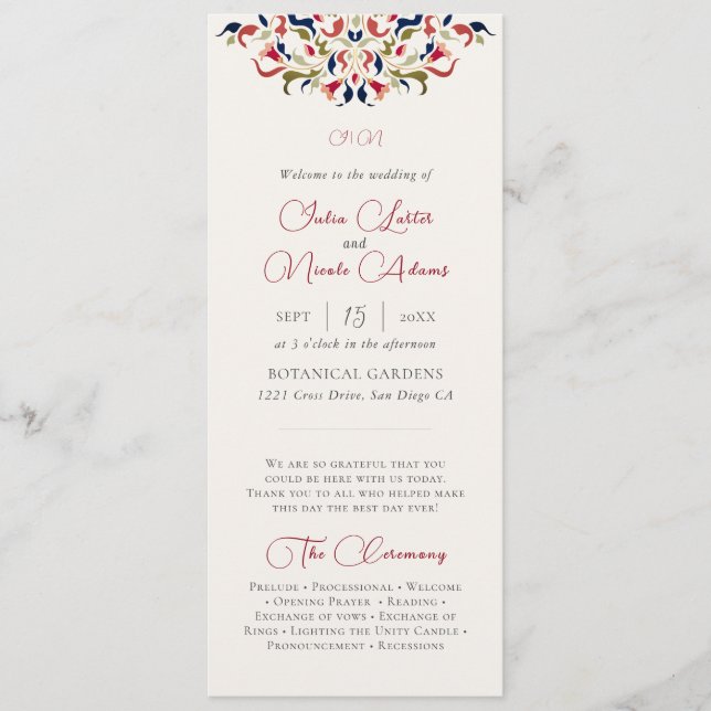 Luxury Artistic Botanical Floral Paisley Wedding Program (Front)