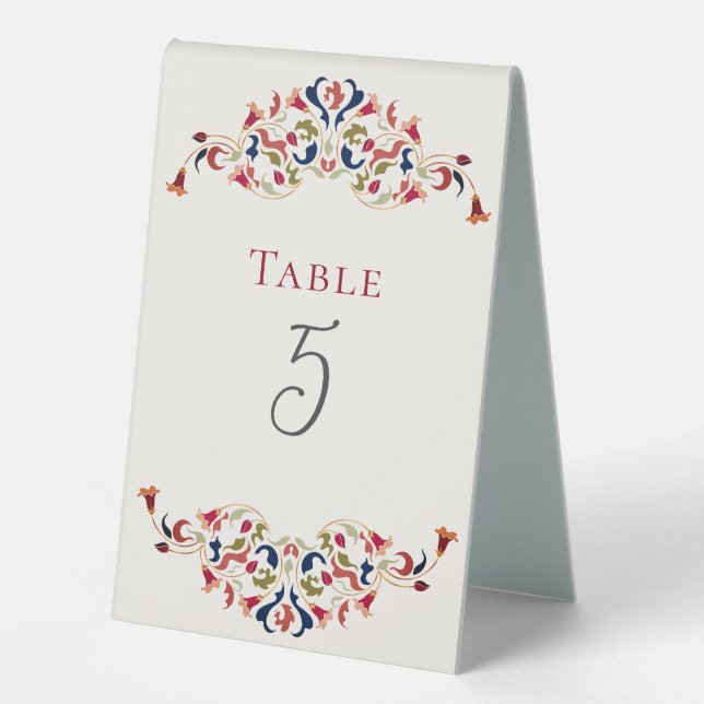 Luxury Artistic Botanical Floral Paisley Wedding Table Tent (Front)