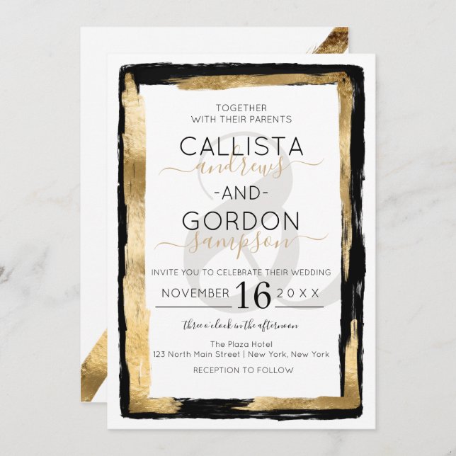 Luxury Artsy Black Gold Brushstroke Border Wedding Invitation (Front/Back)