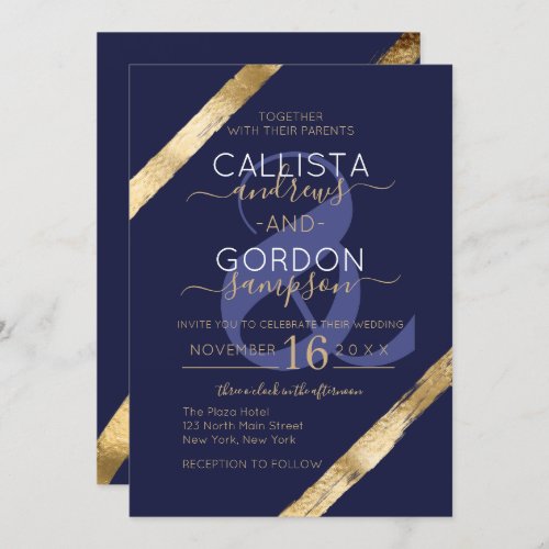 Luxury Artsy Navy Blue Gold Brushstrokes Wedding Invitation