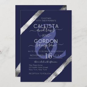 Luxury Artsy Navy Blue Silver Brushstrokes Wedding Invitation