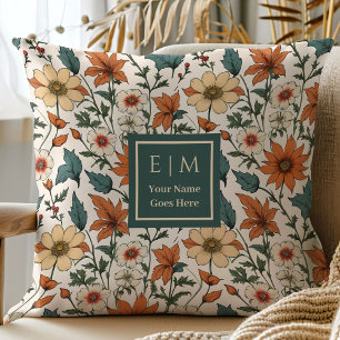Luxury Autumn Flowers Sage Green Rust Tones Pillow