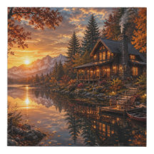 🍂 Luxury Autumn Lake Cabin Wall Art | Cozy Mounta