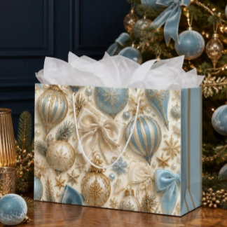 Luxury Baby Blue & Gold Vintage Christmas Ornament Large Gift Bag