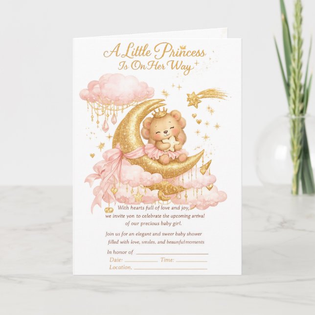 Luxury Baby Girl Shower Invitation Pink Gold Moon  (Front)