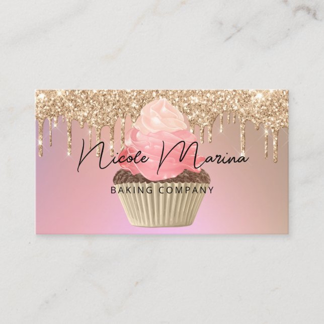 Luxury Bakery Cupcake Chef Rose Gold Glitter Drips Business Card (Front)