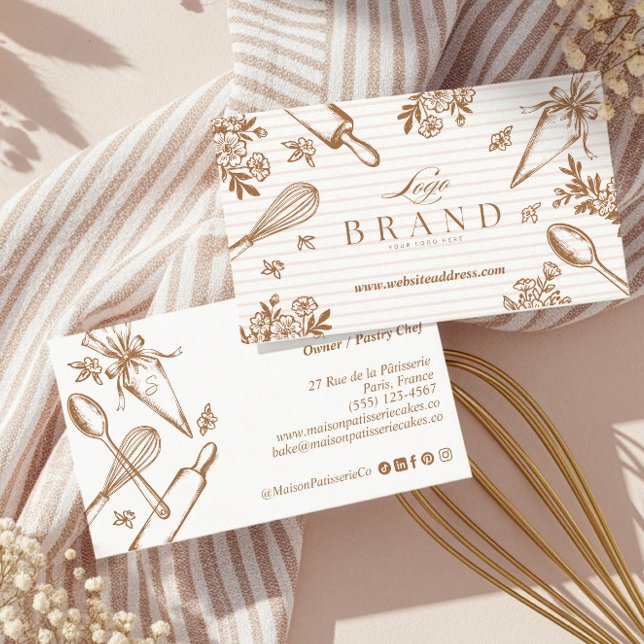 Luxury Baking Utensil Pastry Cake Bakery Shop Logo Business Card (Stripe Baking Utensil Pastry Cake Bakery Shop Logo Business Card)